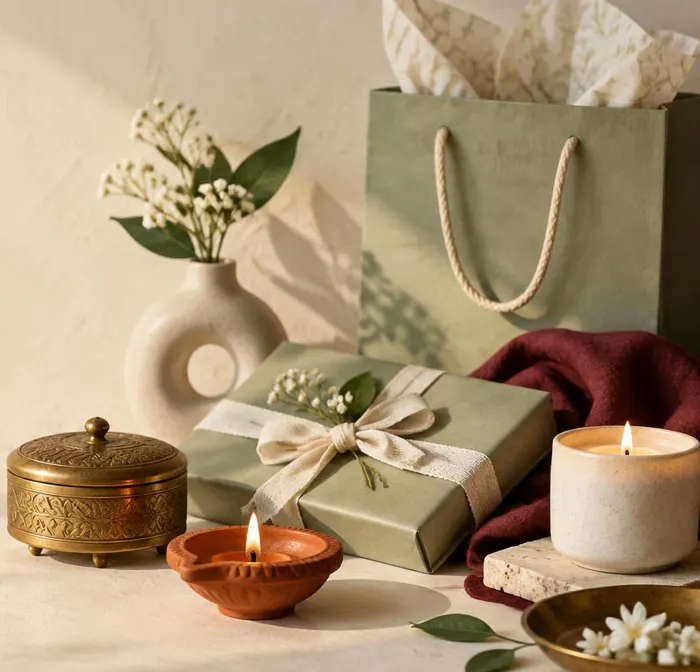 Thoughtfully wrapped gifts with a brass keepsake, terracotta diya and ceramic candle